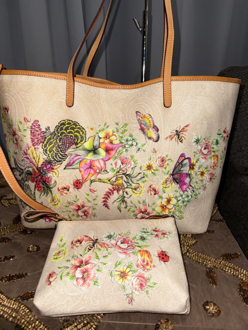 Floral Butterfly Canvas Tote with Pouch - Cream